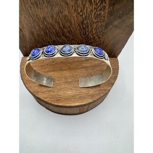 Vintage Silver 925 Blue Lapis Lazuli Gemstone Flexible Cuff Statement Bracelet